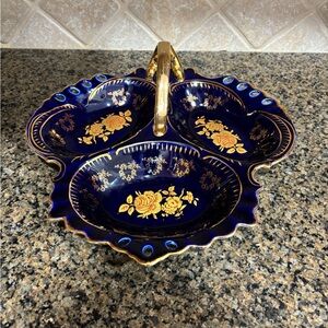 CZECH REP. VINTAGE COBALT BLUE‎ PORCELAIN 3 SECTION DISH W. 24K GOLD HIGHLIGHTS